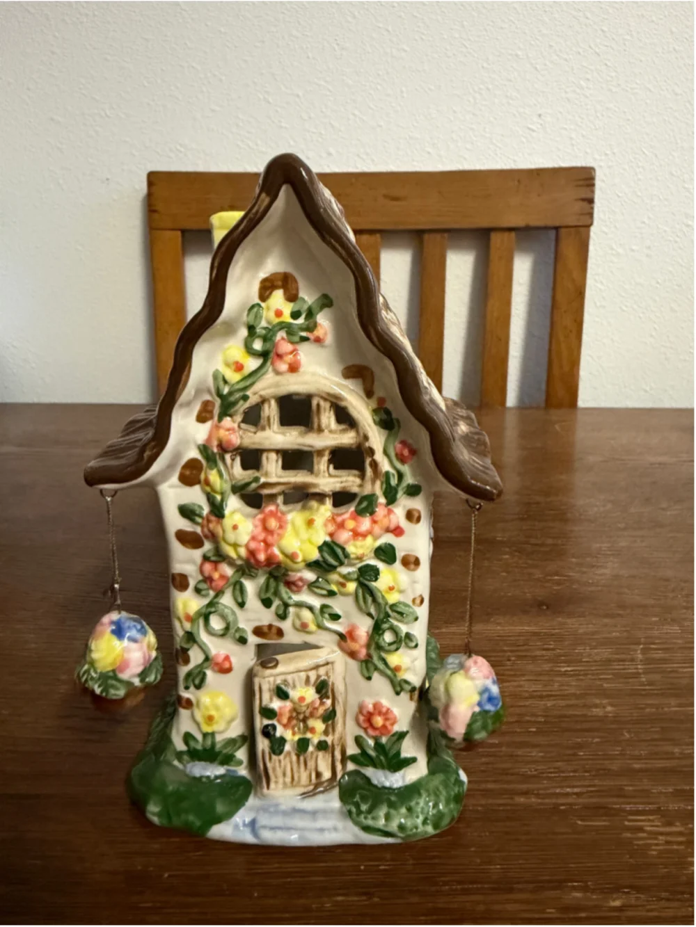 Vintage Unmarked Ceramic Floral Cottage Tea Light Candle House Hanging Flower Ba